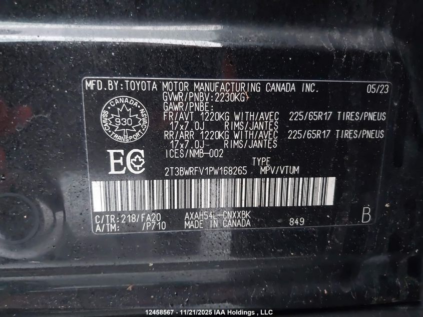 2023 Toyota Rav4 VIN: 2T3BWRFV1PW168265 Lot: 12458567