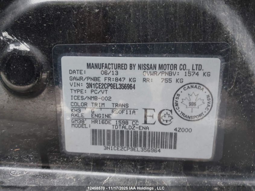 2014 Nissan Versa Note 1.6 S/1.6 Sl/1.6 Sv VIN: 3N1CE2CP9EL356964 Lot: 12458570