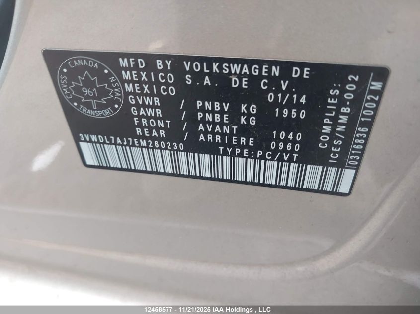 2014 Volkswagen Jetta 2.0 Tdi Comfortline/2.0 Tdi Highline/2.0 Tdi Trendline+ VIN: 3VWDL7AJ7EM260230 Lot: 12458577