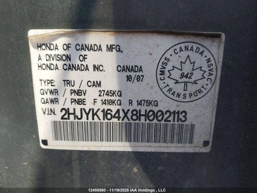 2008 Honda Ridgeline Rts VIN: 2HJYK164X8H002113 Lot: 12458580