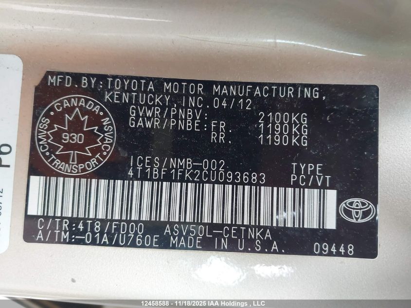 2012 Toyota Camry VIN: 4T1BF1FK2CU093683 Lot: 12458588