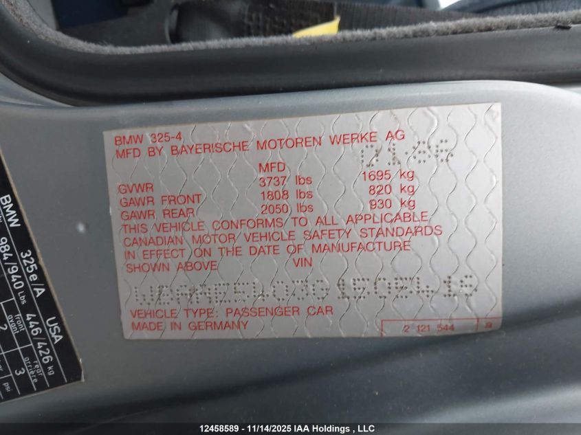 1986 BMW 325 E VIN: WBAAE5403G1505416 Lot: 12458589