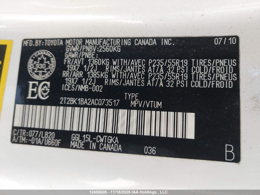 2010 Lexus Rx 350 VIN: 2T2BK1BA2AC073517 Lot: 12458600