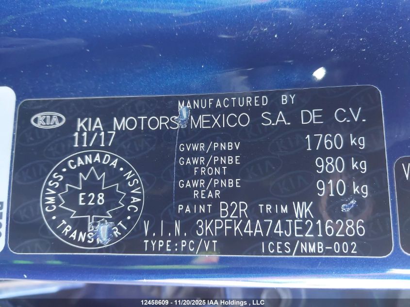 2018 Kia Forte Lx/Lx+ VIN: 3KPFK4A74JE216286 Lot: 12458609