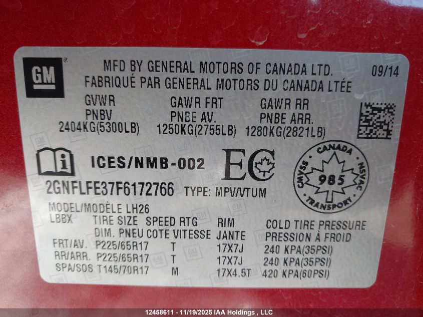 2015 Chevrolet Equinox Lt VIN: 2GNFLFE37F6172766 Lot: 12458611