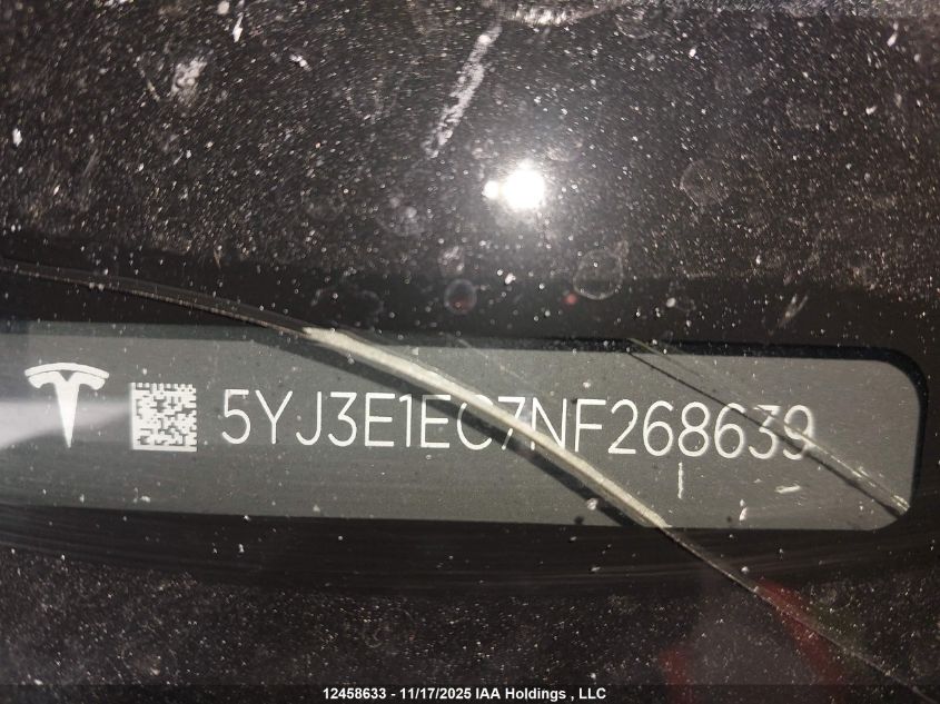 2022 Tesla Model 3 VIN: 5YJ3E1EC7NF268639 Lot: 12458633