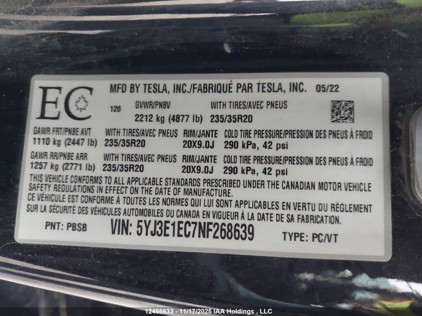 2022 Tesla Model 3 VIN: 5YJ3E1EC7NF268639 Lot: 12458633