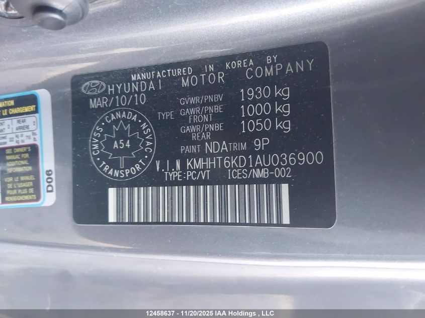 2010 Hyundai Genesis 2.0T Premium VIN: KMHHT6KD1AU036900 Lot: 12458637