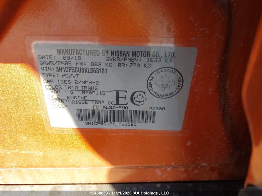 2019 Nissan Kicks VIN: 3N1CP5CU8KL563181 Lot: 12458639