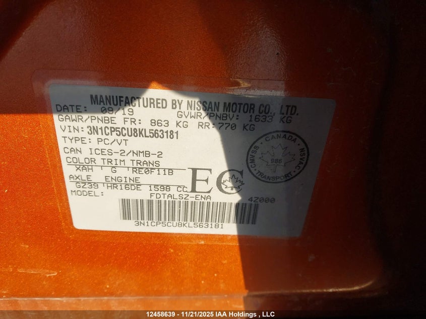 2019 Nissan Kicks VIN: 3N1CP5CU8KL563181 Lot: 12458639