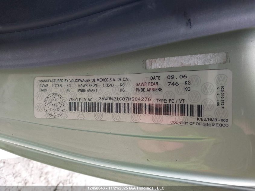 2007 Volkswagen New Beetle 2.5L Luxury VIN: 3VWRW21C87M504276 Lot: 12458643