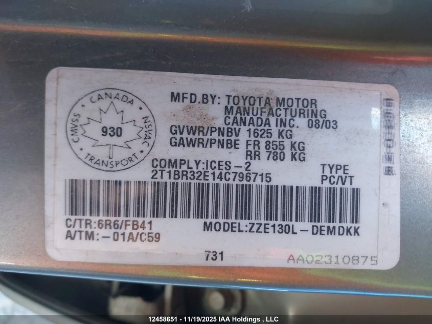 2004 Toyota Corolla Ce/Le/S VIN: 2T1BR32E14C796715 Lot: 12458651