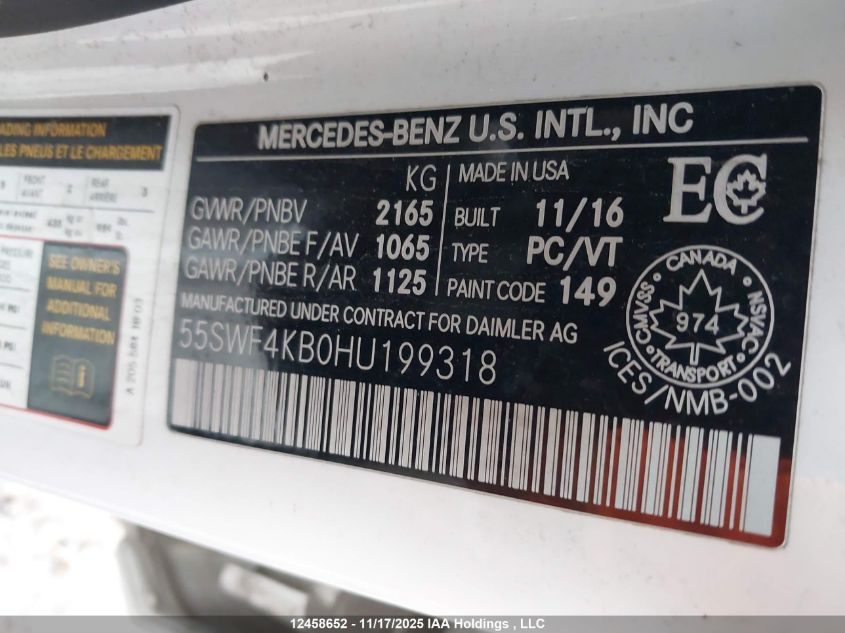 2017 Mercedes-Benz C 300 4Matic VIN: 55SWF4KB0HU199318 Lot: 12458652