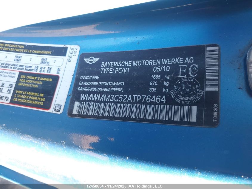 2010 Mini Cooper S Clubman VIN: WMWMM3C52ATP76464 Lot: 12458654