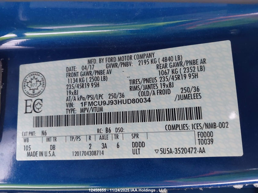 2017 Ford Escape Titanium VIN: 1FMCU9J93HUD80034 Lot: 12458655