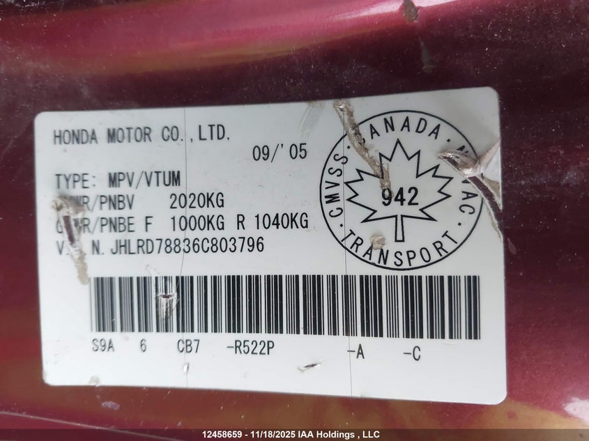 JHLRD78836C803796 2006 HONDA CR-V photo no. 9