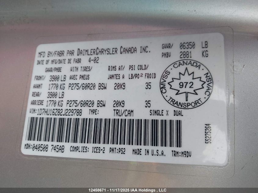 2002 Dodge Ram 1500 VIN: 1D7HU16Z82J229788 Lot: 12458671