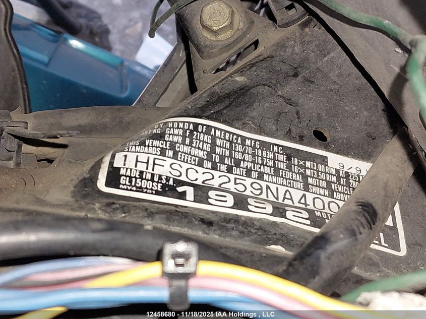 1992 Honda Gl1500 Se VIN: 1HFSC2259NA400005 Lot: 12458680