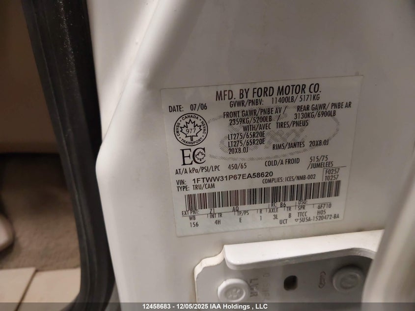 2007 Ford F-350 Harley-Davidson/King Ranch/Lariat/Outlaw/Xl/Xlt VIN: 1FTWW31P67EA58620 Lot: 12458683