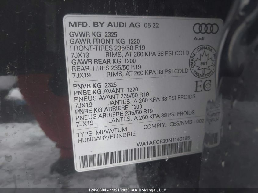 2022 Audi Q3 45 Komfort/45 Progressiv VIN: WA1AECF39N1140195 Lot: 12458684