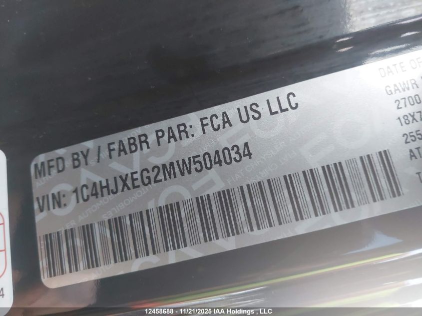 2021 Jeep Wrangler Unlimited Sahara VIN: 1C4HJXEG2MW504034 Lot: 12458688