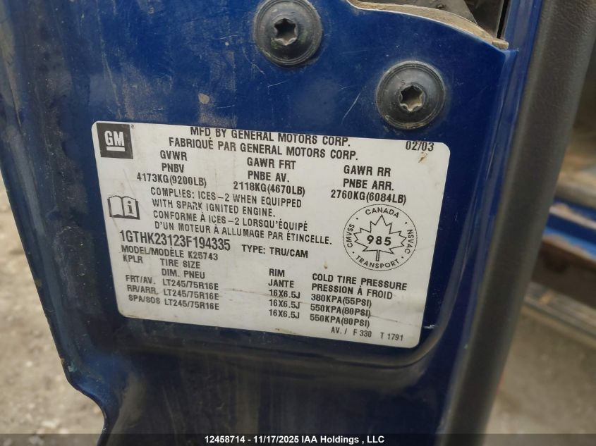 2003 GMC Sierra 2500Hd Sl/Sle/Slt VIN: 1GTHK23123F194335 Lot: 12458714