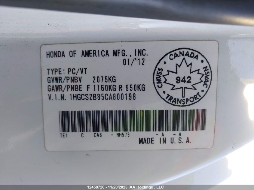 2012 Honda Accord Ex-L V6 VIN: 1HGCS2B85CA800198 Lot: 12458726