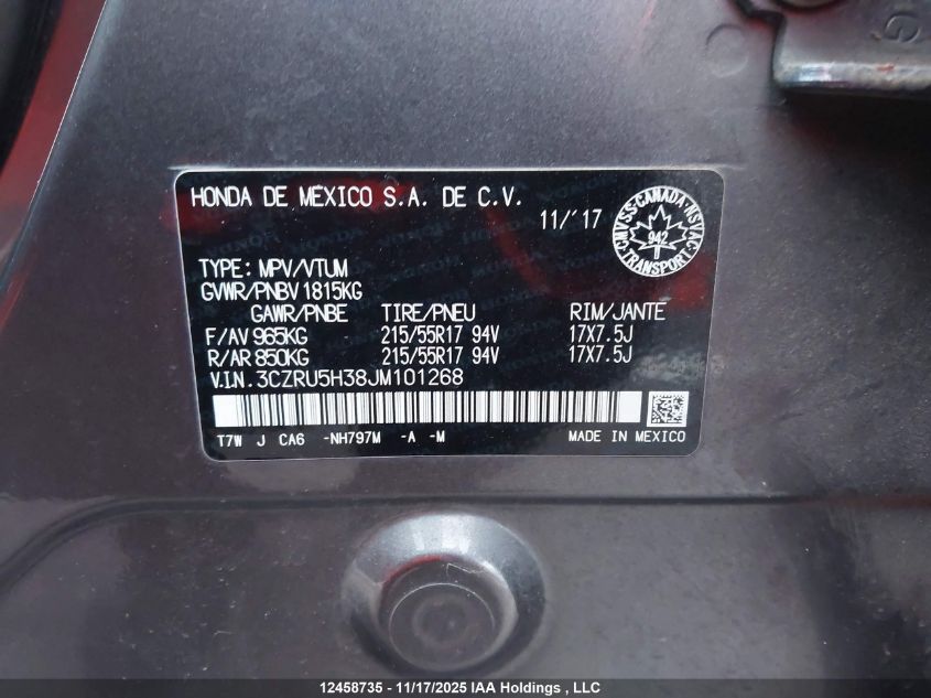 2018 Honda Hr-V Lx VIN: 3CZRU5H38JM101268 Lot: 12458735