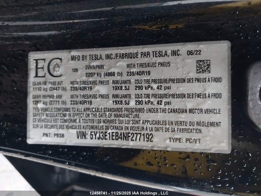 2022 Tesla Model 3 VIN: 5YJ3E1EB4NF277192 Lot: 12458741