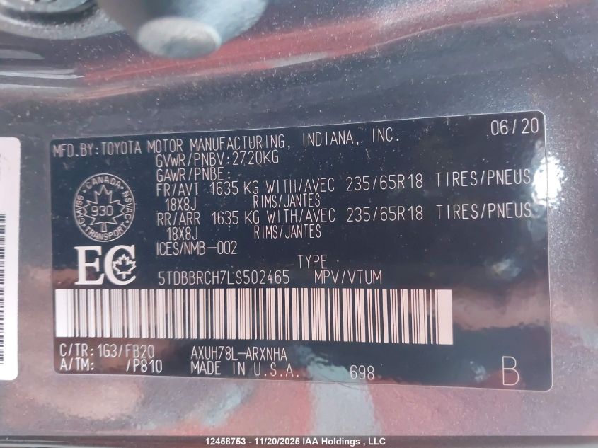 2020 Toyota Highlander Hybrid Le VIN: 5TDBBRCH7LS502465 Lot: 12458753