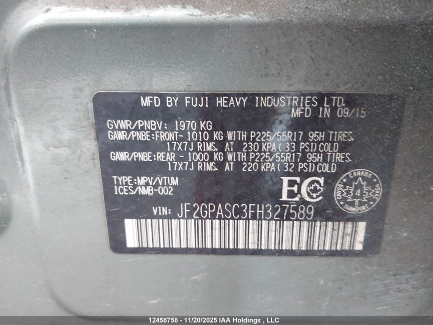 2015 Subaru Xv Crosstrek Limited Package VIN: JF2GPASC3FH327589 Lot: 12458758