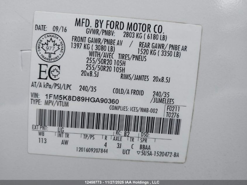 2017 Ford Explorer Xlt VIN: 1FM5K8D89HGA90360 Lot: 12458773