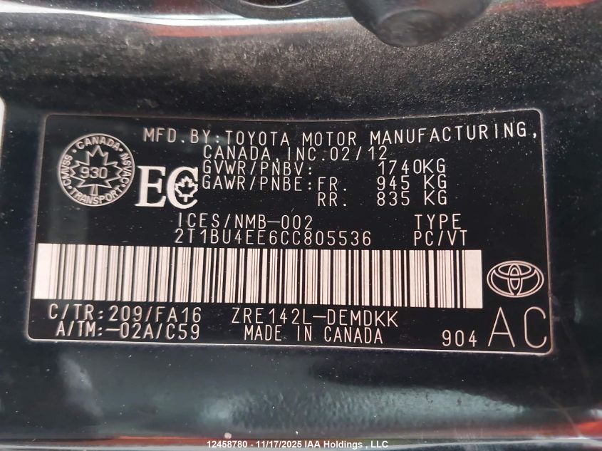 2012 Toyota Corolla S/Le VIN: 2T1BU4EE6CC805536 Lot: 12458780