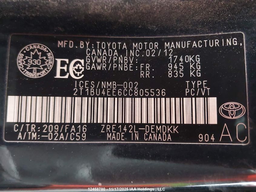 2012 Toyota Corolla S/Le VIN: 2T1BU4EE6CC805536 Lot: 12458780