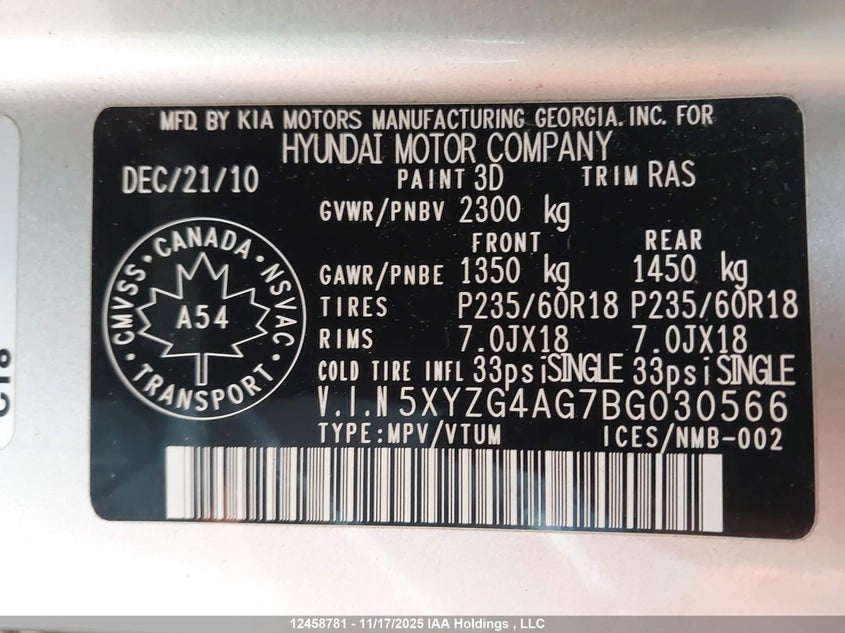 5XYZG4AG7BG030566 2011 HYUNDAI SANTA FE photo no. 9