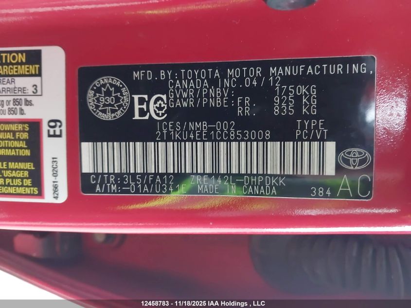 2012 Toyota Matrix VIN: 2T1KU4EE1CC853008 Lot: 12458783