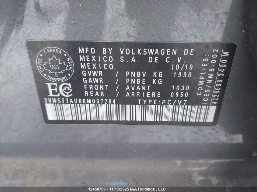 2019 Volkswagen Gti S/Se/Autobahn/Rabbit Edition VIN: 3VW5T7AU0KM037294 Lot: 12458789