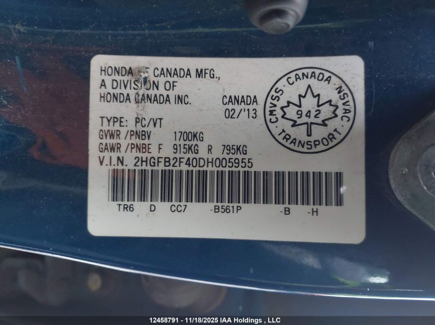 2013 Honda Civic Lx VIN: 2HGFB2F40DH005955 Lot: 12458791