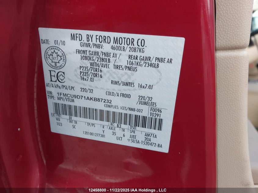 1FMCU9D71AKB87232 2010 FORD ESCAPE photo no. 9