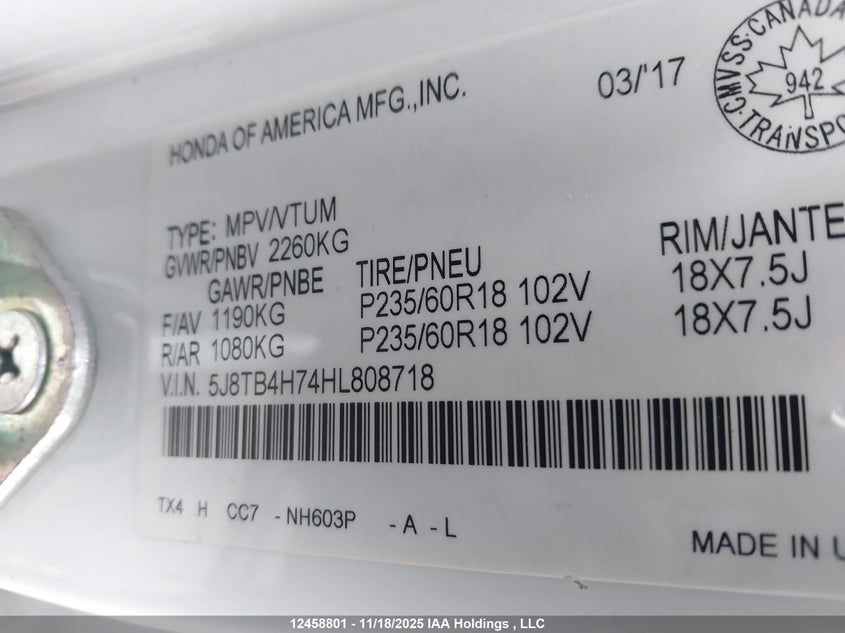 2017 Acura Rdx Elite VIN: 5J8TB4H74HL808718 Lot: 12458801