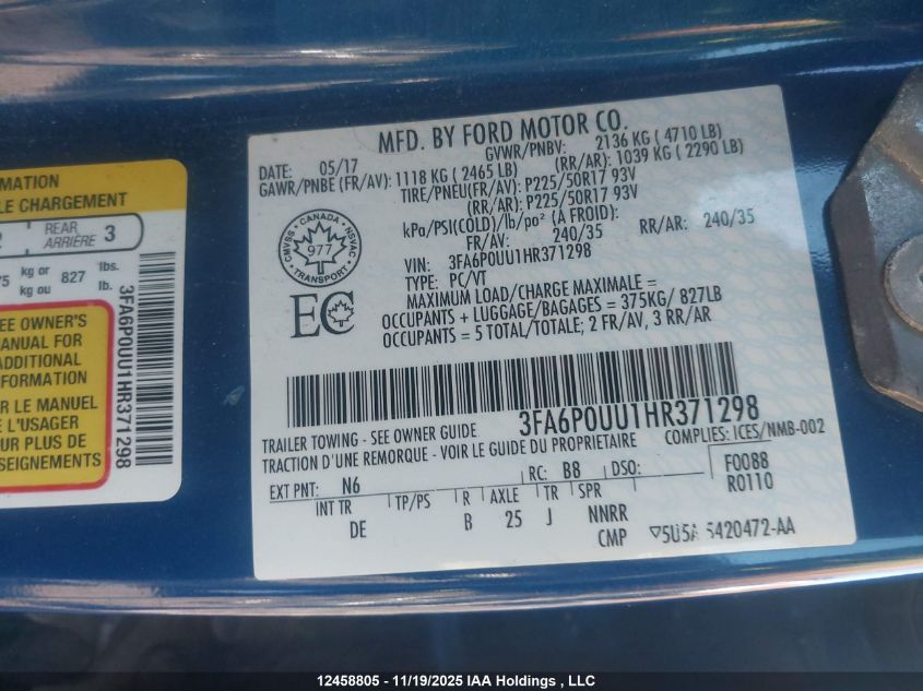 2017 Ford Fusion Hybrid S VIN: 3FA6P0UU1HR371298 Lot: 12458805