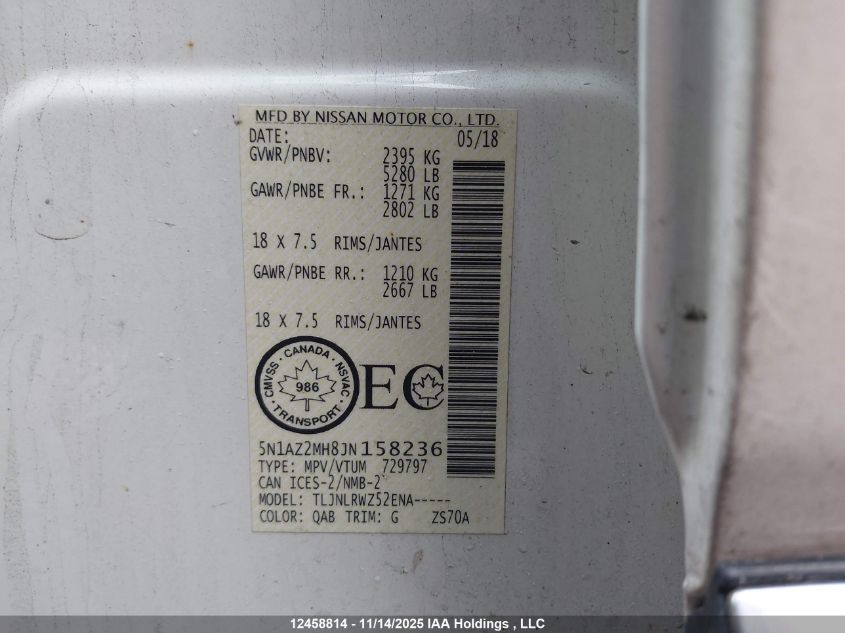 2018 Nissan Murano VIN: 5N1AZ2MH8JN158236 Lot: 12458814