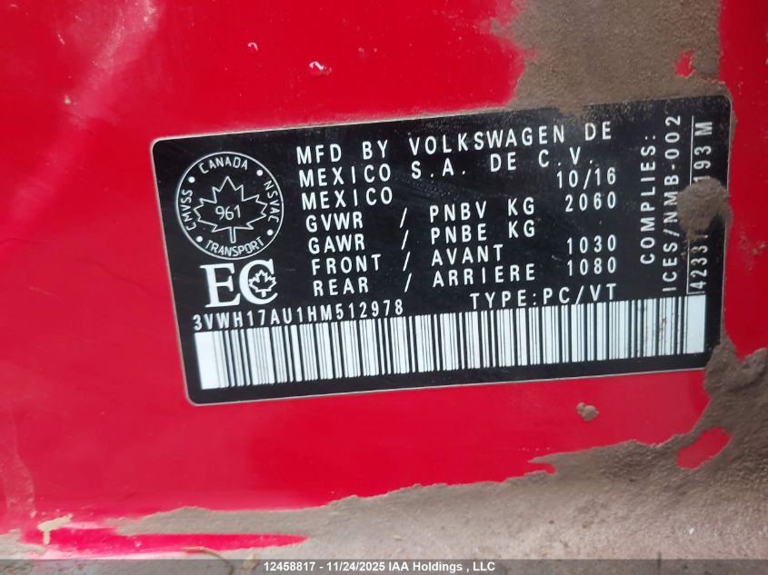 2017 Volkswagen Golf Alltrack S/Se/Sel VIN: 3VWH17AU1HM512978 Lot: 12458817
