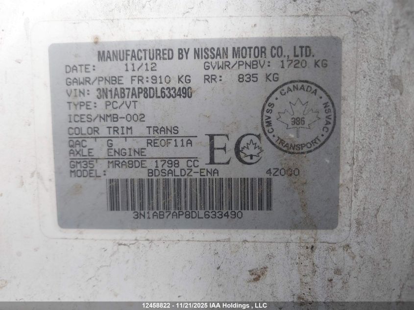 2013 Nissan Sentra 1.8 S/1.8 Sv VIN: 3N1AB7AP8DL633490 Lot: 12458822