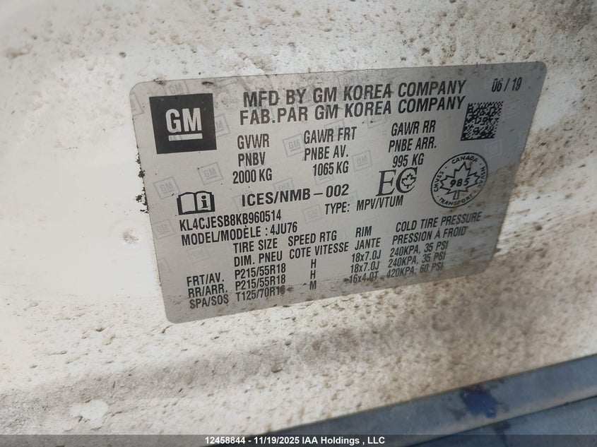 2019 Buick Encore Preferred VIN: KL4CJESB8KB960514 Lot: 12458844