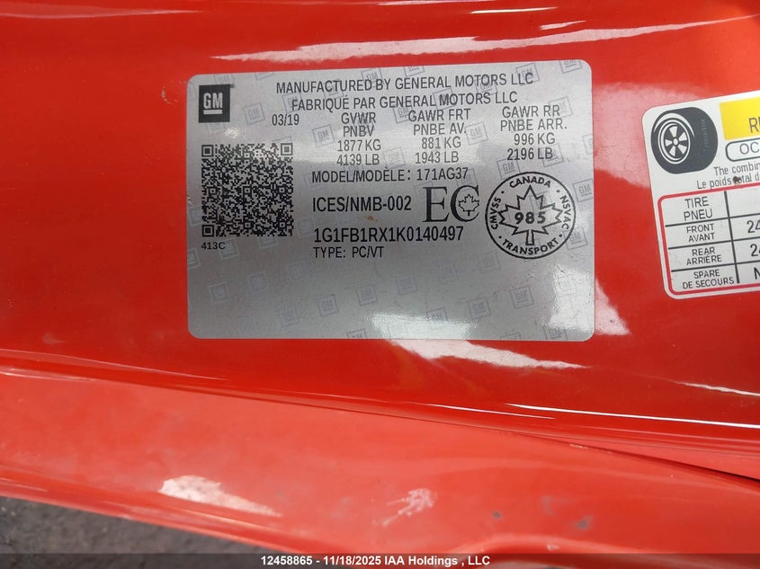2019 Chevrolet Camaro 1Ls/1Lt VIN: 1G1FB1RX1K0140497 Lot: 12458865