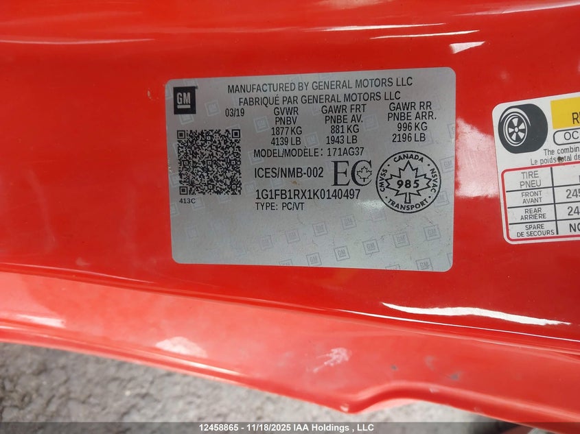 2019 Chevrolet Camaro 1Ls/1Lt VIN: 1G1FB1RX1K0140497 Lot: 12458865