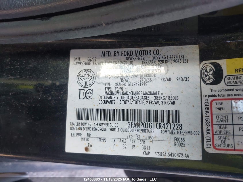 2012 Ford Fusion Sel VIN: 3FAHP0JG1CR421228 Lot: 12458883