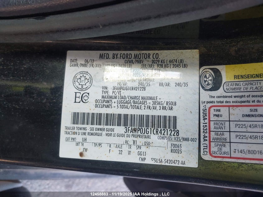 2012 Ford Fusion Sel VIN: 3FAHP0JG1CR421228 Lot: 12458883