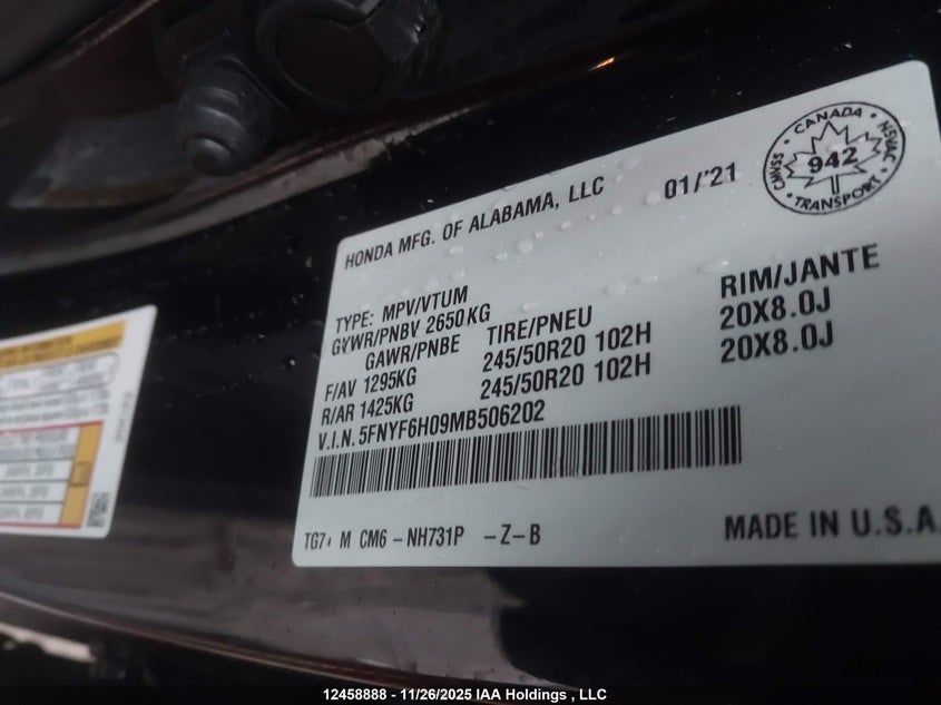 5FNYF6H09MB506202 2021 HONDA PILOT photo no. 9
